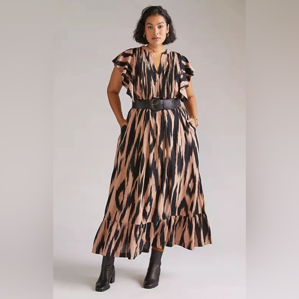 Maeve Cassandra tiered maxi dress in XL brown and black pattern, Anthropologie
